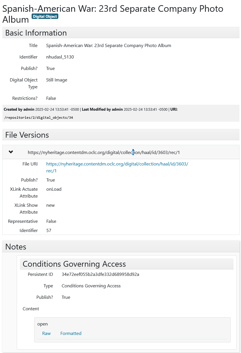 Screenshot from Archivesspace with a Conditions Governing Access note with content: "open"