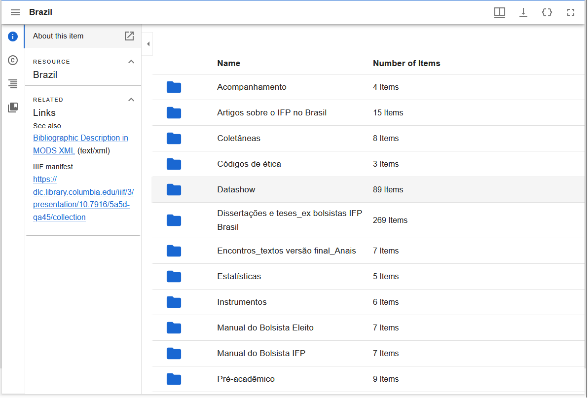 Screenshot of Columbia University Libraries’ Mirador fork, which provides navigation for file directories using nested IIIF collections.